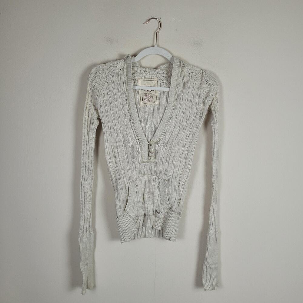 Vintage Hollister Sweater Small Beige Hooded Cableknit Chunky Y2K Bella Swan